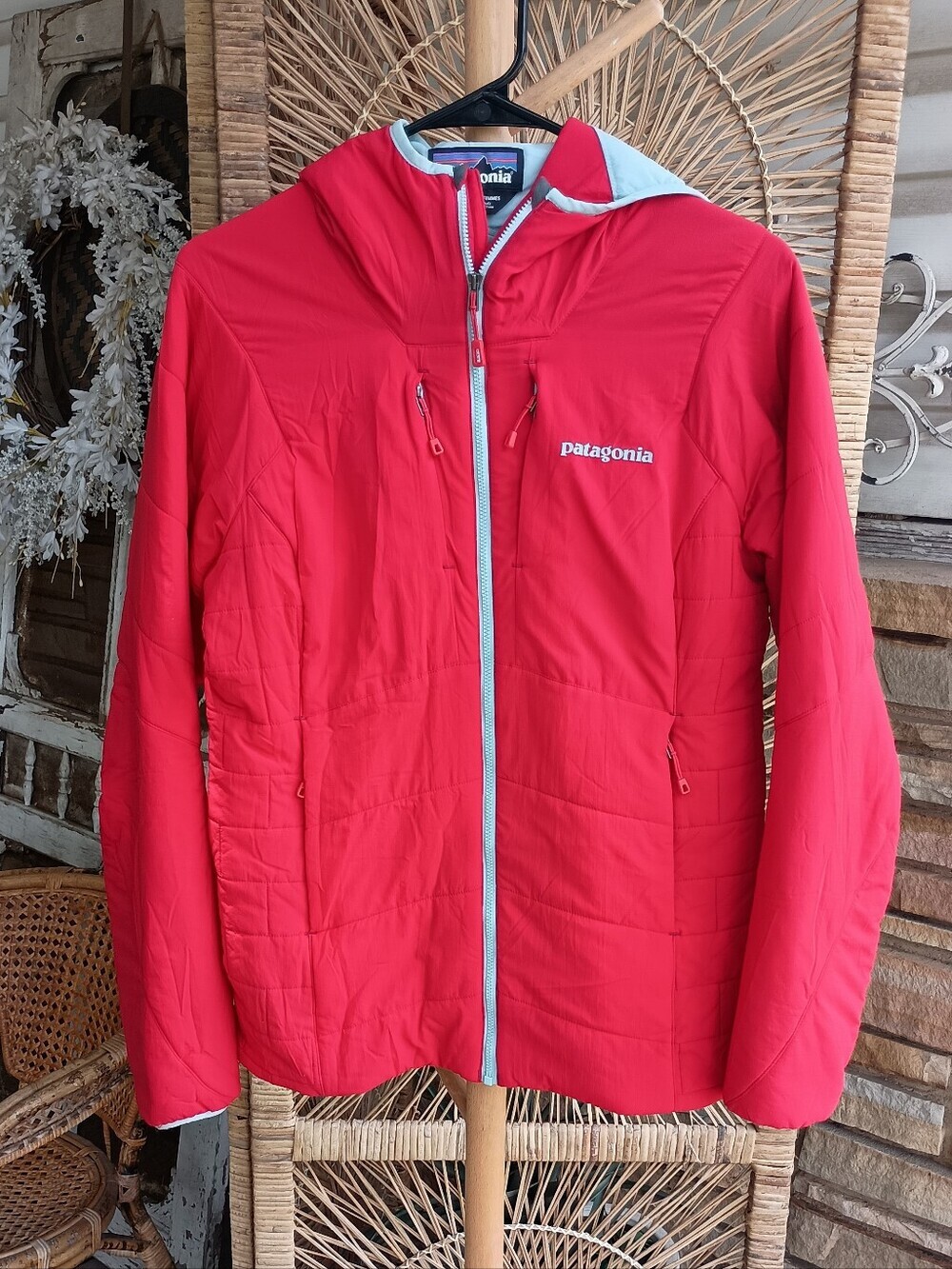 Patagonia Red Hooded Jacket with Light Blue Trim_M